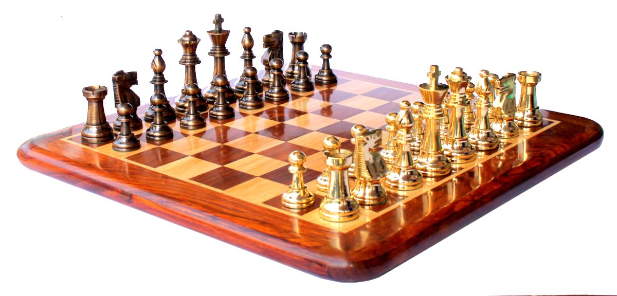 StonKraft Kid, Adult 15" X 15" Collectible Acacia Wood Wooden Chess Game Board Set + Brass Crafted Pieces