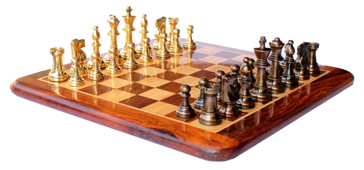 StonKraft Kid, Adult 15" X 15" Collectible Acacia Wood Wooden Chess Game Board Set + Brass Crafted Pieces