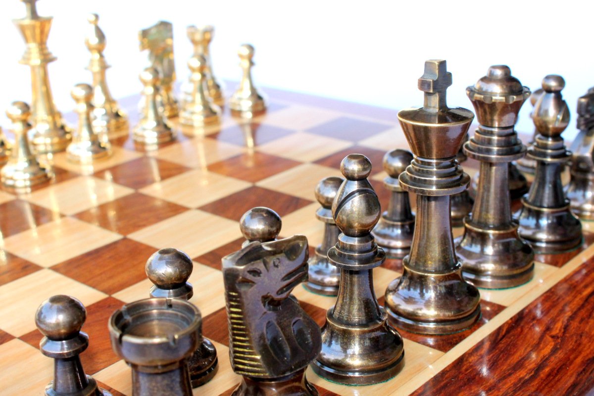 StonKraft Kid, Adult 15" X 15" Collectible Acacia Wood Wooden Chess Game Board Set + Brass Crafted Pieces