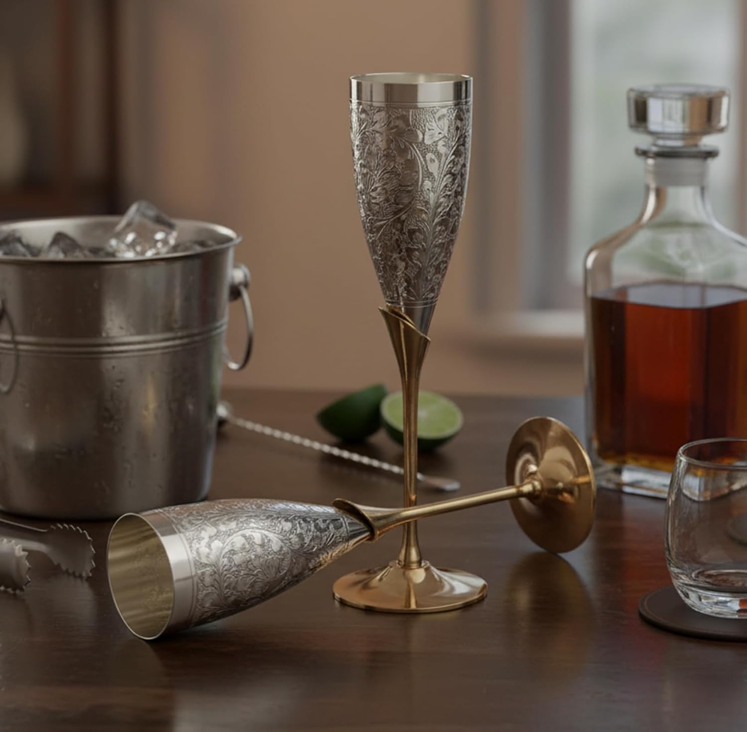 Stonkraft Engraved Pure Brass Premium Goblet Champagne Flutes Coupes Wine Glass Set Standard Silver