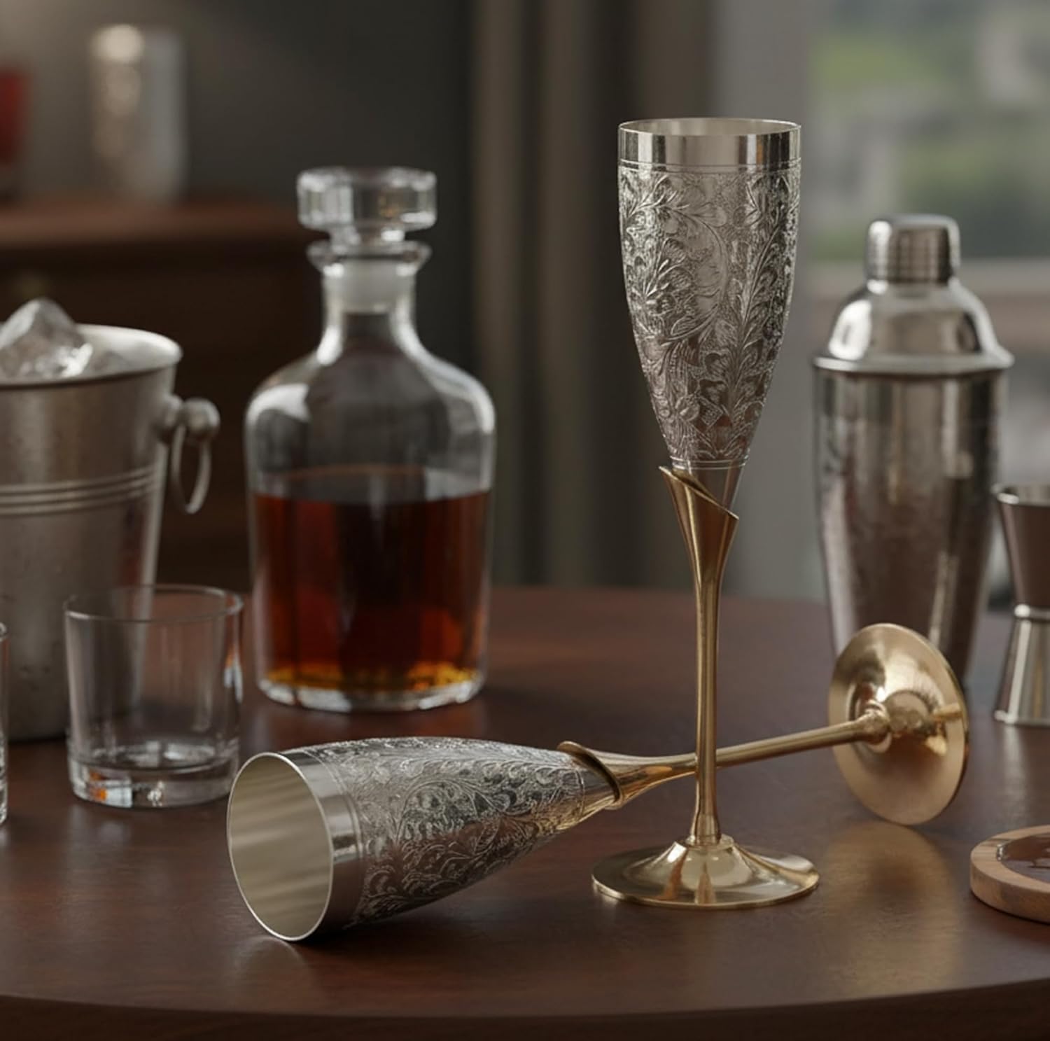 Stonkraft Engraved Pure Brass Premium Goblet Champagne Flutes Coupes Wine Glass Set Standard Silver