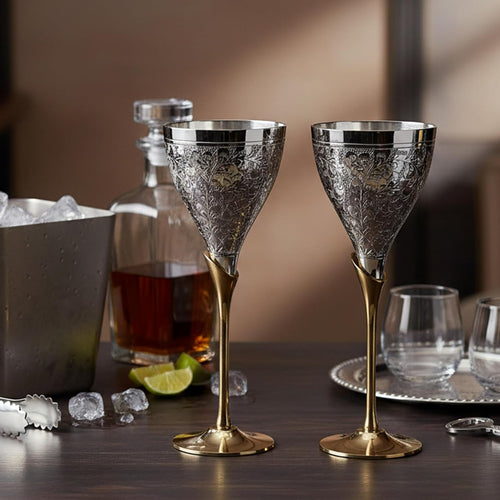 Stonkraft Engraved Pure Brass Premium Goblet Champagne Flutes Coupes Wine Glass Set Standard Silver