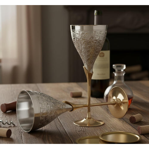 Stonkraft Engraved Pure Brass Premium Goblet Champagne Flutes Coupes Wine Glass Set Standard Silver