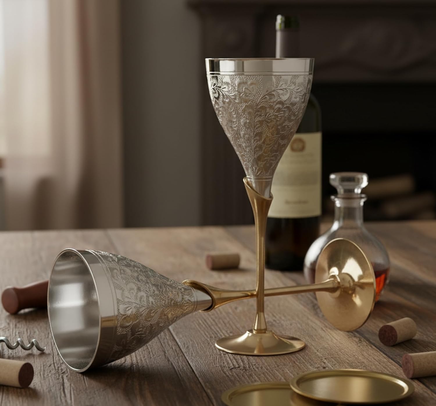 Stonkraft Engraved Pure Brass Premium Goblet Champagne Flutes Coupes Wine Glass Set Standard Silver