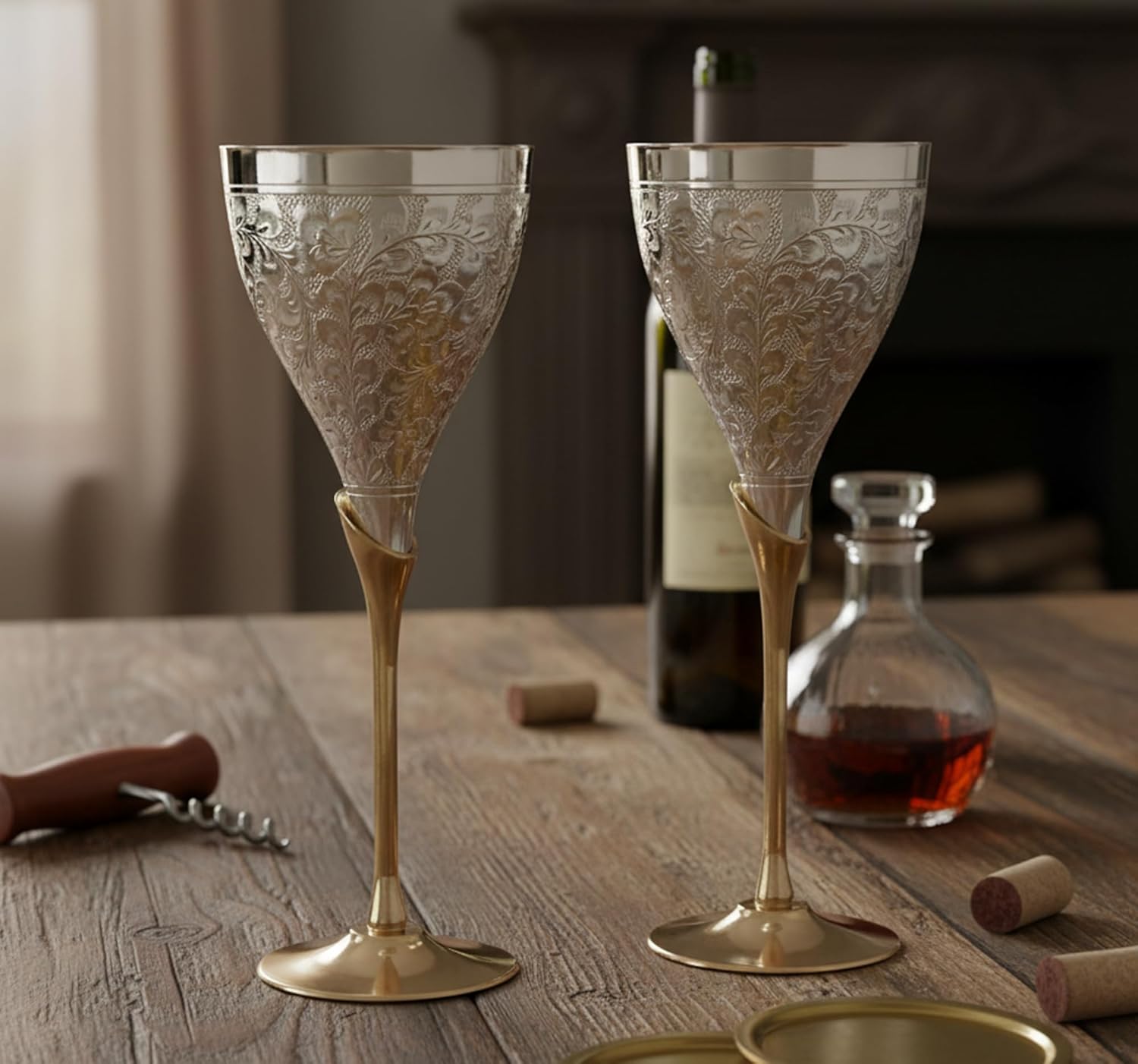 Stonkraft Engraved Pure Brass Premium Goblet Champagne Flutes Coupes Wine Glass Set Standard Silver