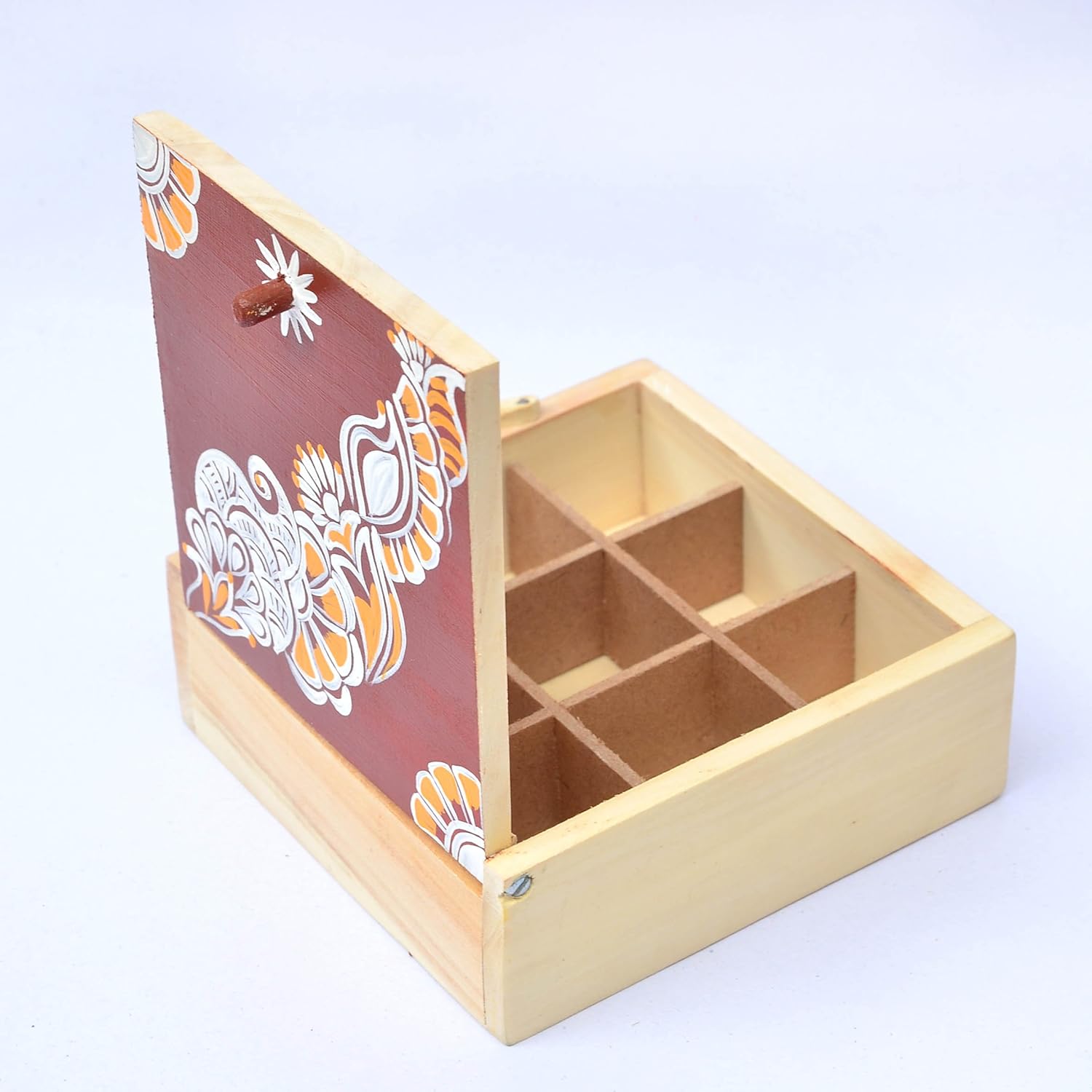 IVEI Decorative Antique Wooden Chowk Art Hand Painted Vintage Square Decorative Storage Box Handcrafted for Jewellery Storage, Home Decor (Brown, 4.5 x 4.5 x 2)