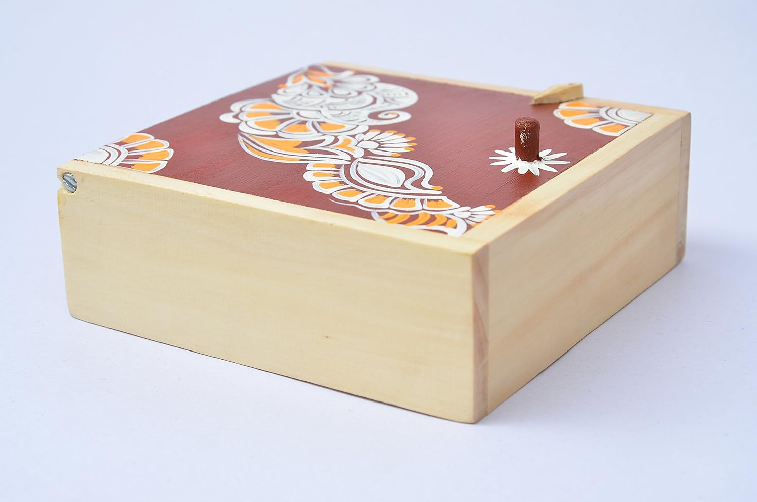 IVEI Decorative Antique Wooden Chowk Art Hand Painted Vintage Square Decorative Storage Box Handcrafted for Jewellery Storage, Home Decor (Brown, 4.5 x 4.5 x 2)