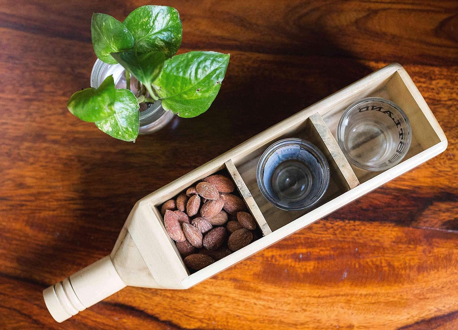 IVEI Wooden Shot Glass Holder - Handcrafted Wooden Bottle-Shaped Shots Glass Holder Tray/Stationery Holder - Wooden Holder for Tequila - 3 Shot Glass Serving Set - Innovative Desk Organizer