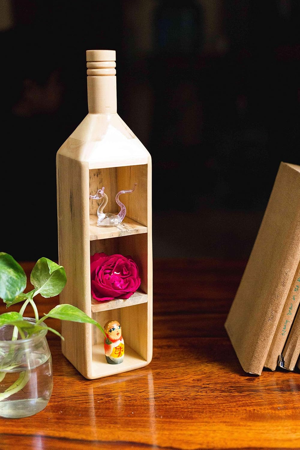 IVEI Wooden Shot Glass Holder - Handcrafted Wooden Bottle-Shaped Shots Glass Holder Tray/Stationery Holder - Wooden Holder for Tequila - 3 Shot Glass Serving Set - Innovative Desk Organizer