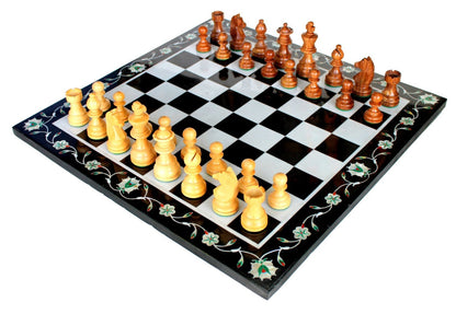 StonKraft Collectible Black Marble Chess Board Game Set with Inlay Work (15"x15" inches)