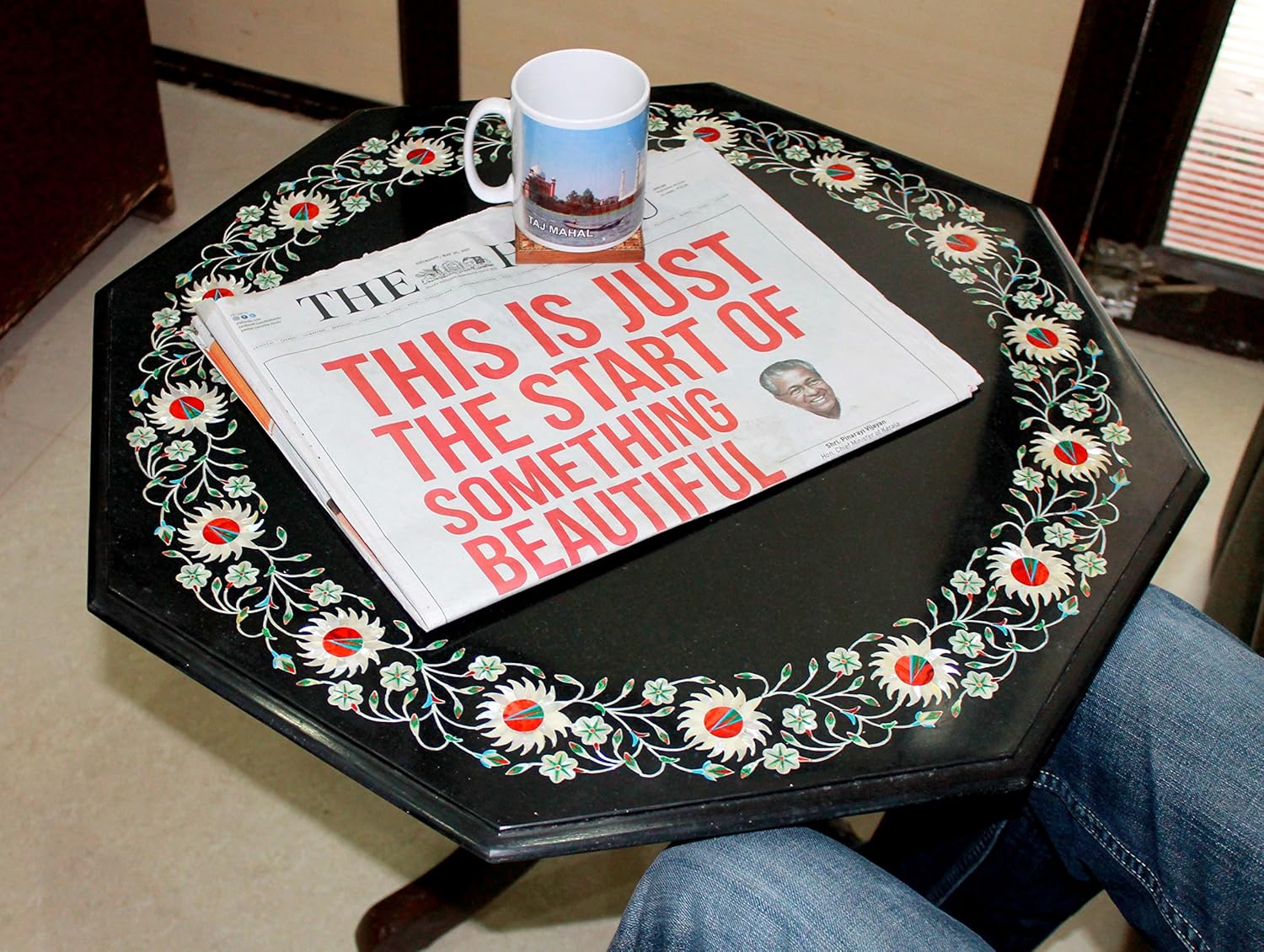 StonKraft 24" Handcrafted Marble Pietre Dure Pietra Dura Table Top with Inlay Work (Without Stand)