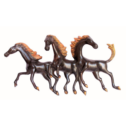 StonKraft Brass Three Running Horses Sculpture Statue Wall Hanging Showpiece Figurine Sculpture - Home Decor | Brown - 16.5