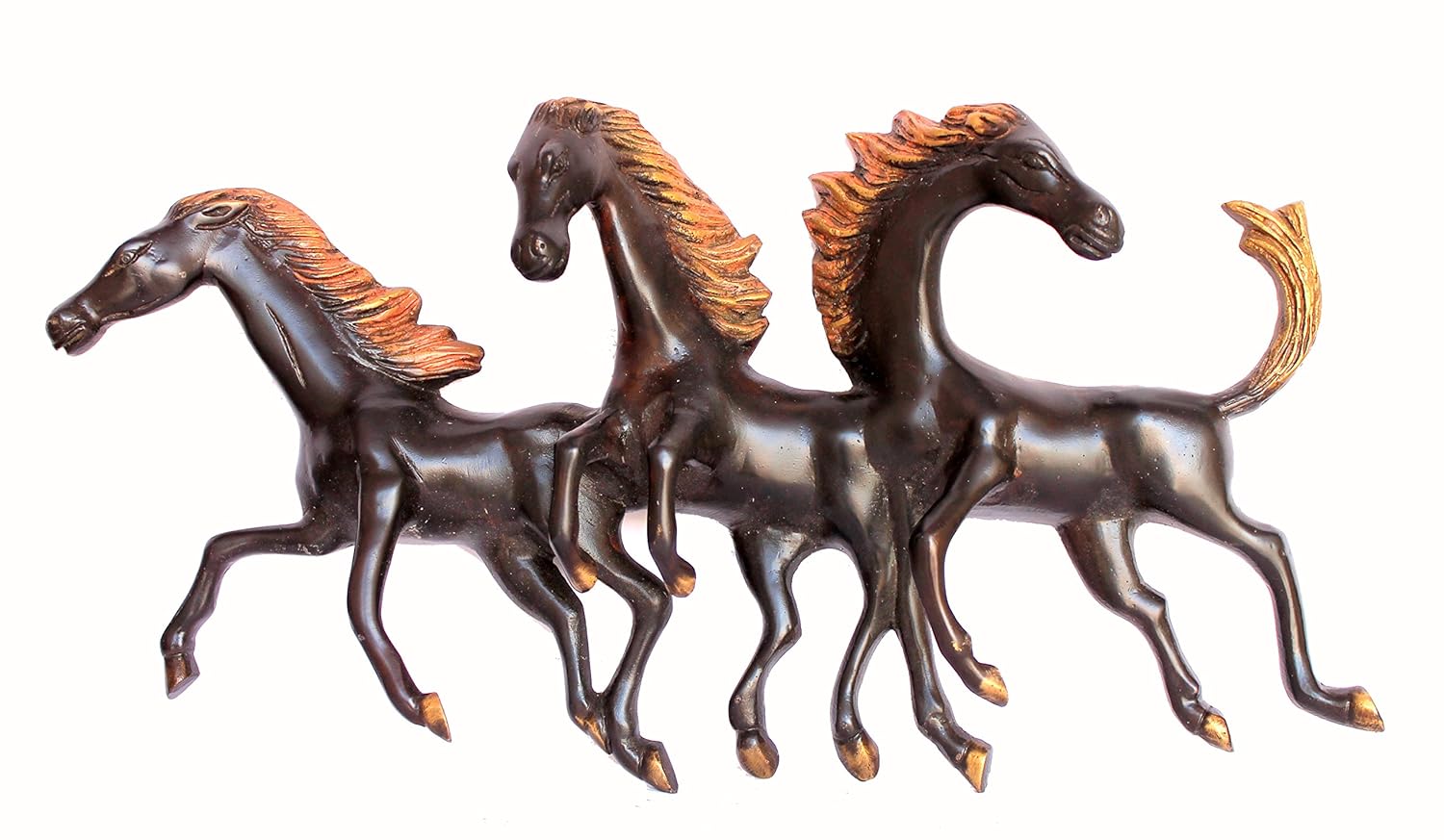 StonKraft Brass Three Running Horses Sculpture Statue Wall Hanging Showpiece Figurine Sculpture - Home Decor | Brown - 16.5" Inches (Large)