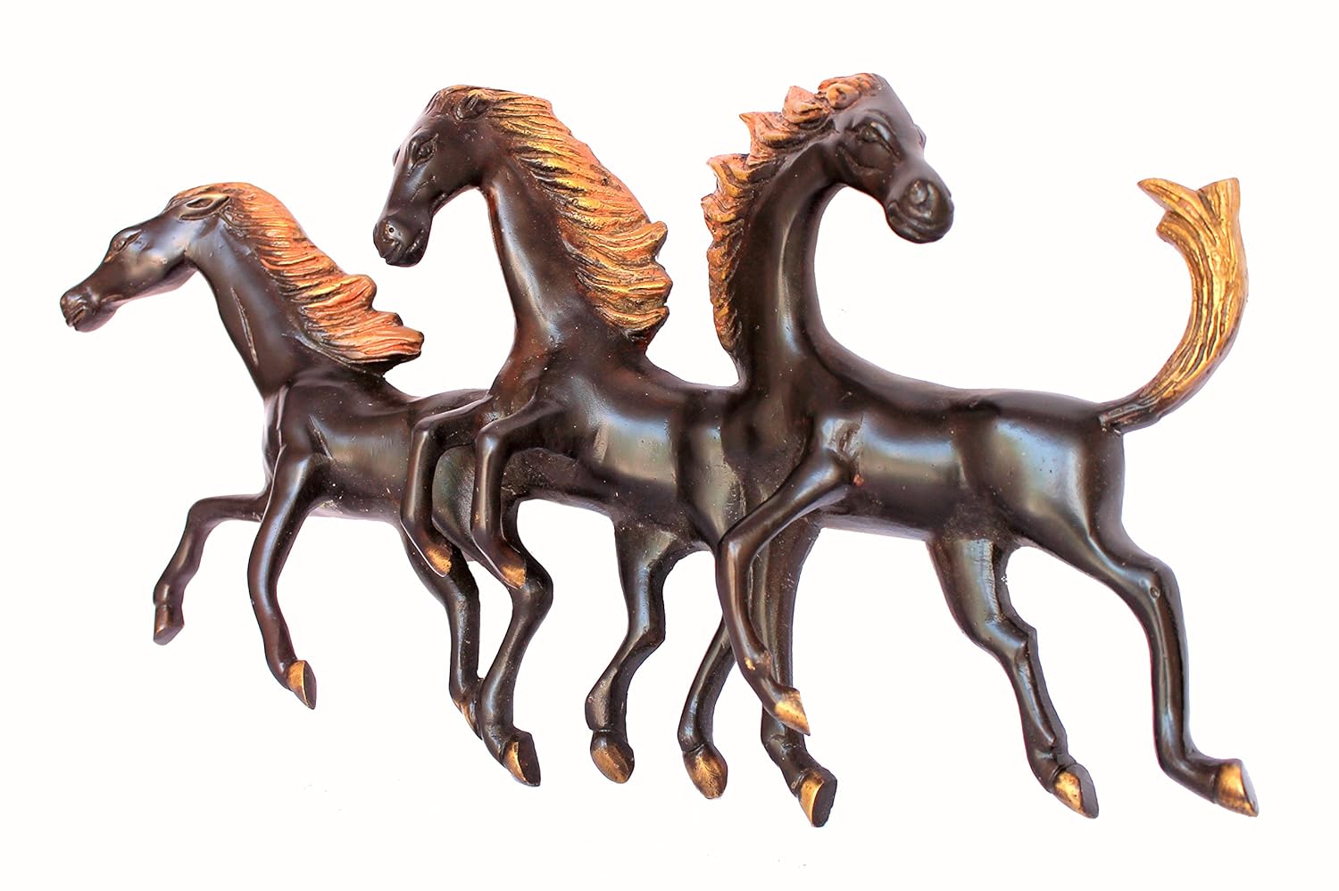 StonKraft Brass Three Running Horses Sculpture Statue Wall Hanging Showpiece Figurine Sculpture - Home Decor | Brown - 16.5" Inches (Large)