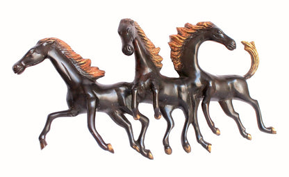StonKraft Brass Three Running Horses Sculpture Statue Wall Hanging Showpiece Figurine Sculpture - Home Decor | Brown - 16.5" Inches (Large)