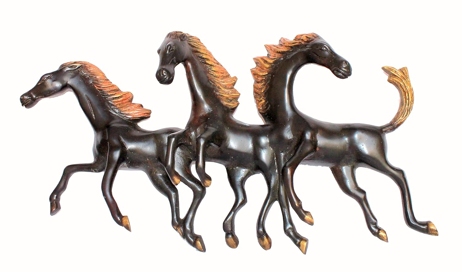 StonKraft Brass Three Running Horses Sculpture Statue Wall Hanging Showpiece Figurine Sculpture - Home Decor | Brown - 16.5" Inches (Large)
