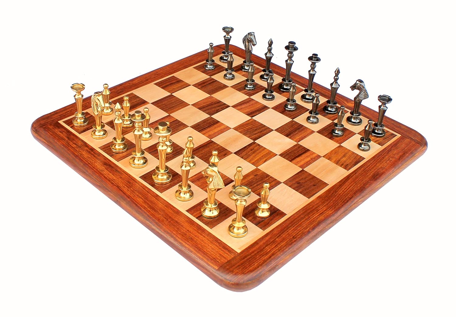 StonKraft - 15" X 15? Collectible Acacia Wood Wooden Chess Game Board Set + Brass Figure Pieces