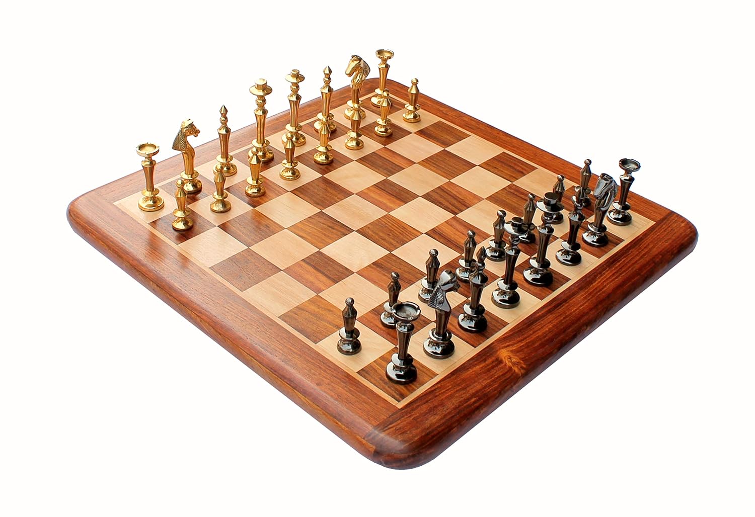 StonKraft - 15" X 15? Collectible Acacia Wood Wooden Chess Game Board Set + Brass Figure Pieces