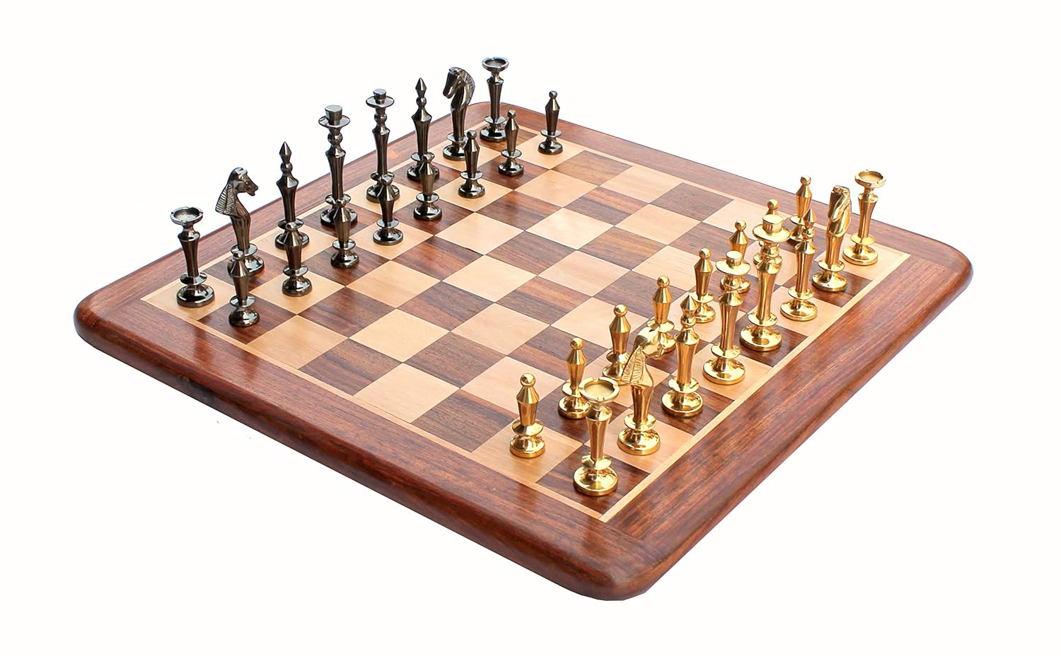 StonKraft - 15" X 15? Collectible Acacia Wood Wooden Chess Game Board Set + Brass Figure Pieces