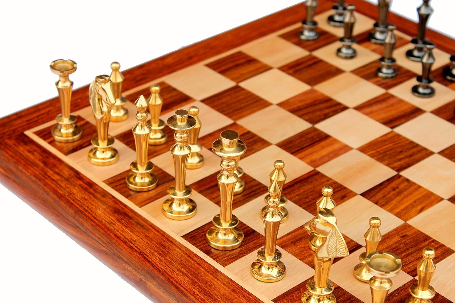 StonKraft - 15" X 15? Collectible Acacia Wood Wooden Chess Game Board Set + Brass Figure Pieces