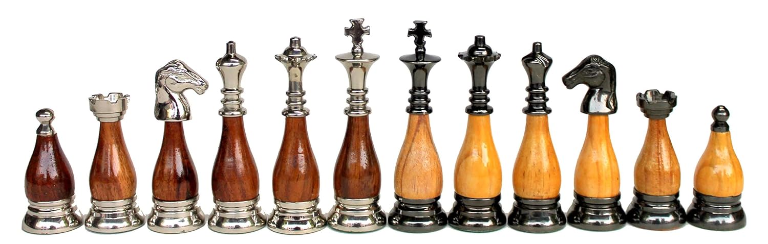 StonKraft Collector Edition Brass Wood Combo Chess Pieces Chessman Chess Coins Pawns - Brown-Yellow - 3.5" Inches King Height