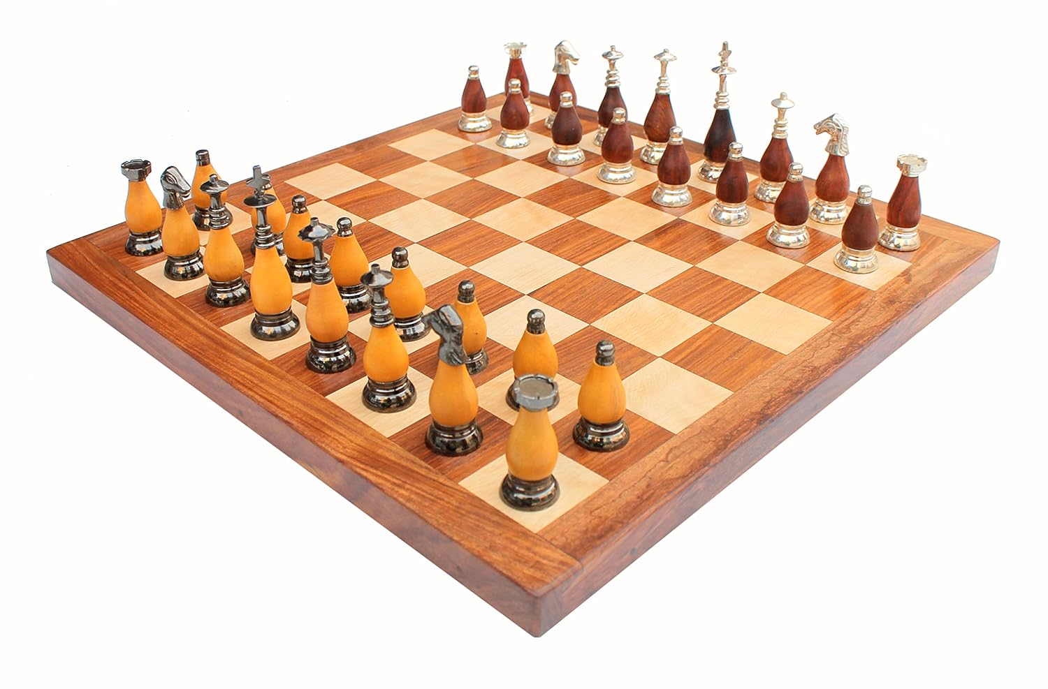 StonKraft - 16" X 16" Collectible Acacia Wood Chess Game Board Set + Brass Wooden Pieces