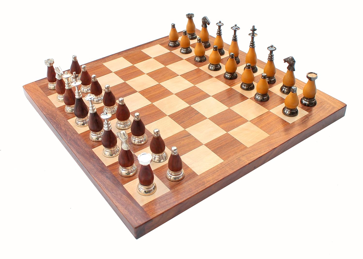 StonKraft - 16" X 16" Collectible Acacia Wood Chess Game Board Set + Brass Wooden Pieces