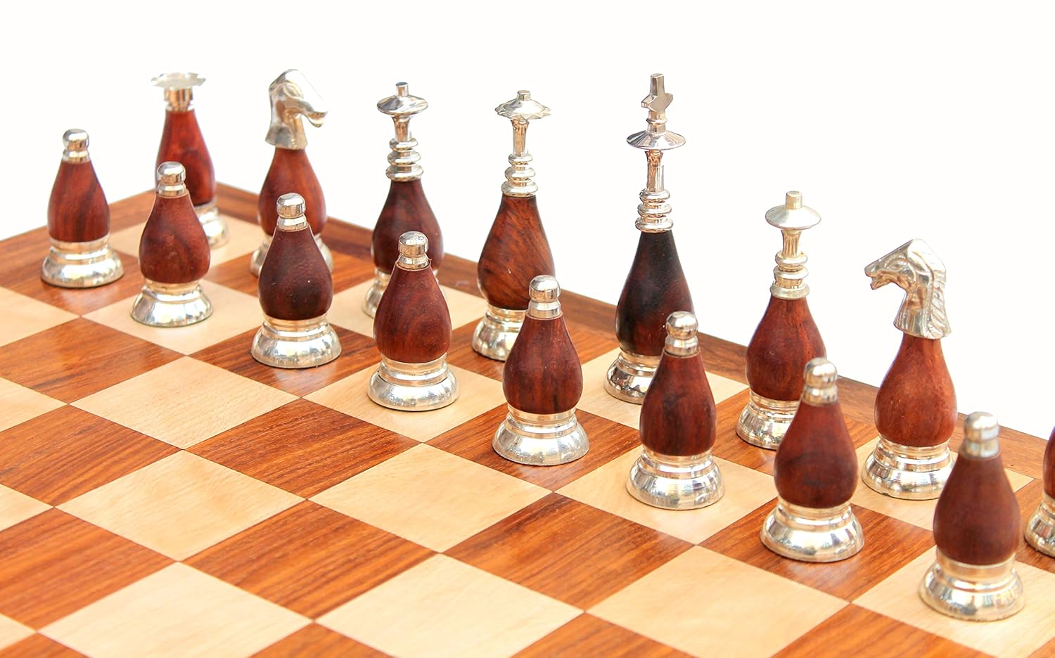 StonKraft - 16" X 16" Collectible Acacia Wood Chess Game Board Set + Brass Wooden Pieces