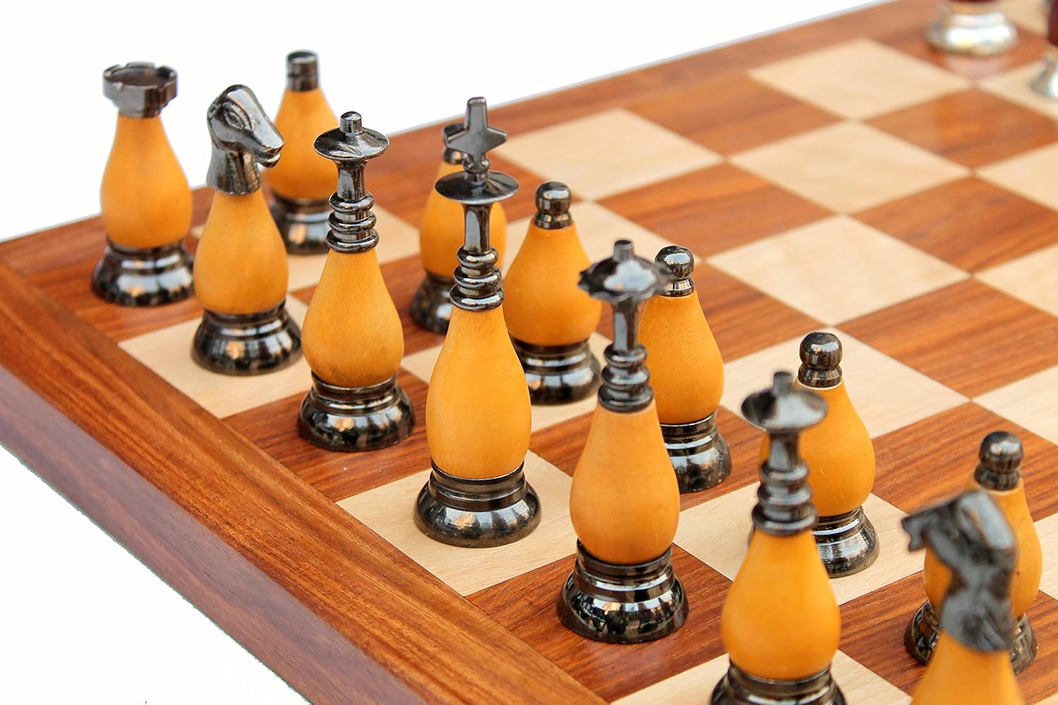 StonKraft - 16" X 16" Collectible Acacia Wood Chess Game Board Set + Brass Wooden Pieces