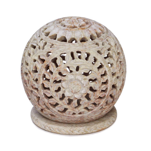 BKRAFT4U Unique Hand Carved Tealight Holder Sphere Shaped Soapstone with Intricate Tendril Openwork Floral Decorative Lantern.