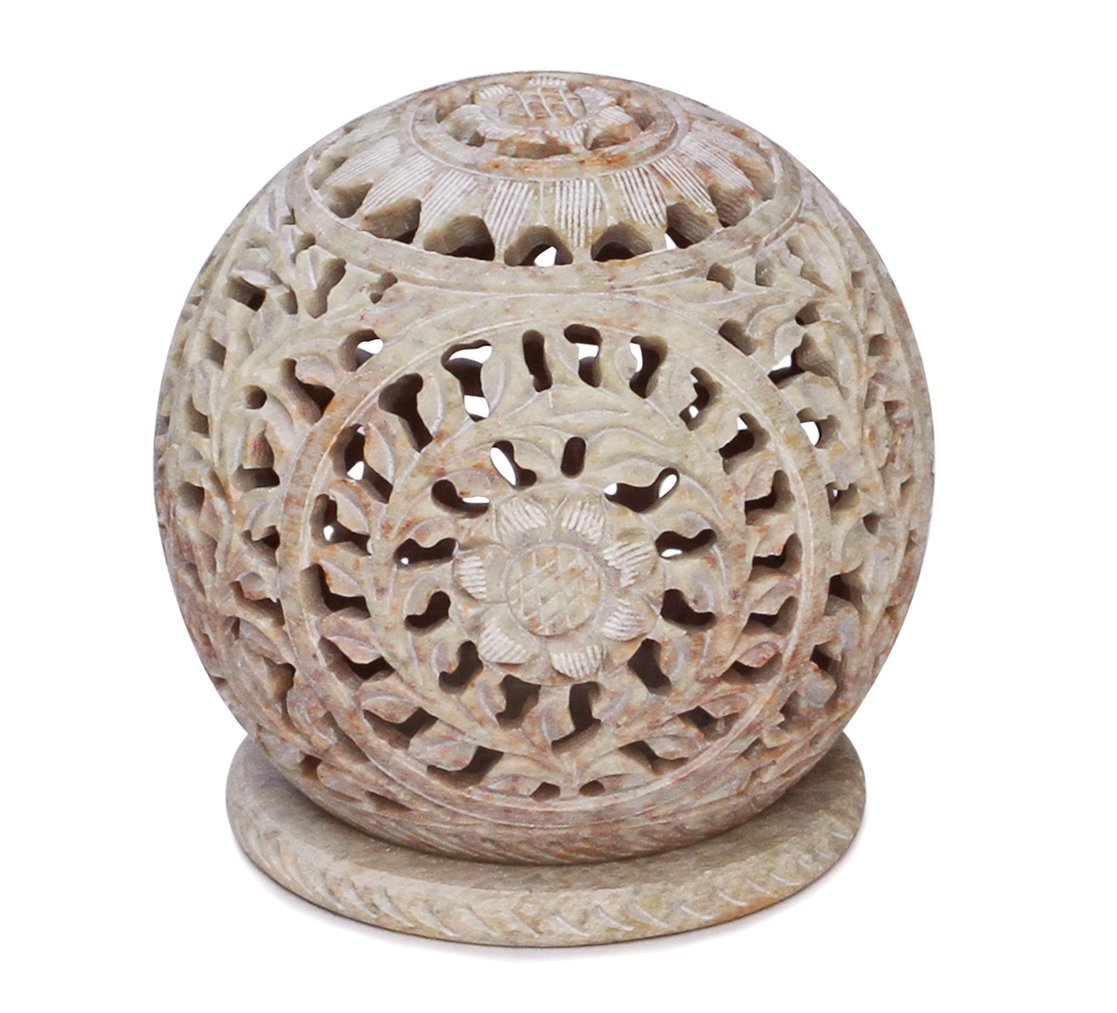 BKRAFT4U Unique Hand Carved Tealight Holder Sphere Shaped Soapstone with Intricate Tendril Openwork Floral Decorative Lantern.