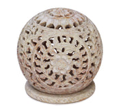 BKRAFT4U Unique Hand Carved Tealight Holder Sphere Shaped Soapstone with Intricate Tendril Openwork Floral Decorative Lantern.