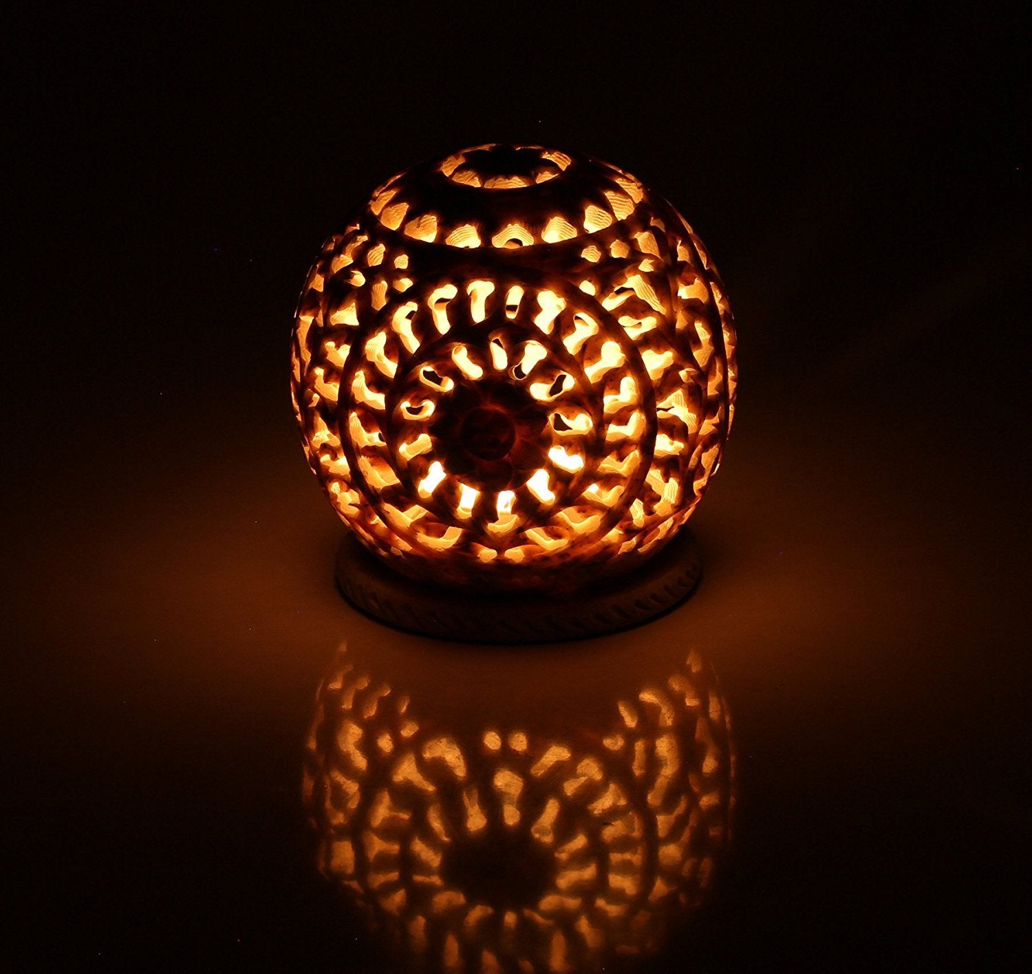 BKRAFT4U Unique Hand Carved Tealight Holder Sphere Shaped Soapstone with Intricate Tendril Openwork Floral Decorative Lantern.