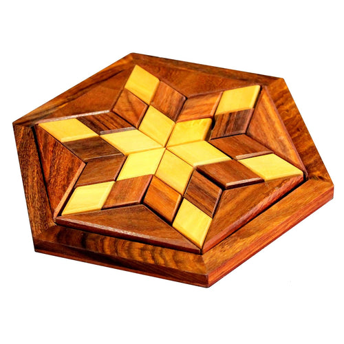 StonKraft Wooden Rosewood Small Wooden 30-Piece Star Jigsaw/Tangram Puzzle Board