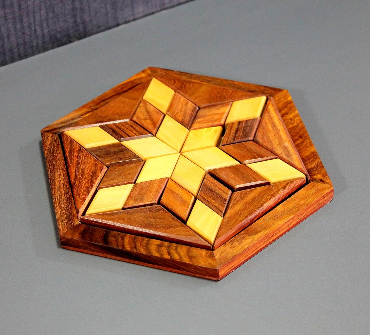 StonKraft Wooden Rosewood Small Wooden 30-Piece Star Jigsaw/Tangram Puzzle Board