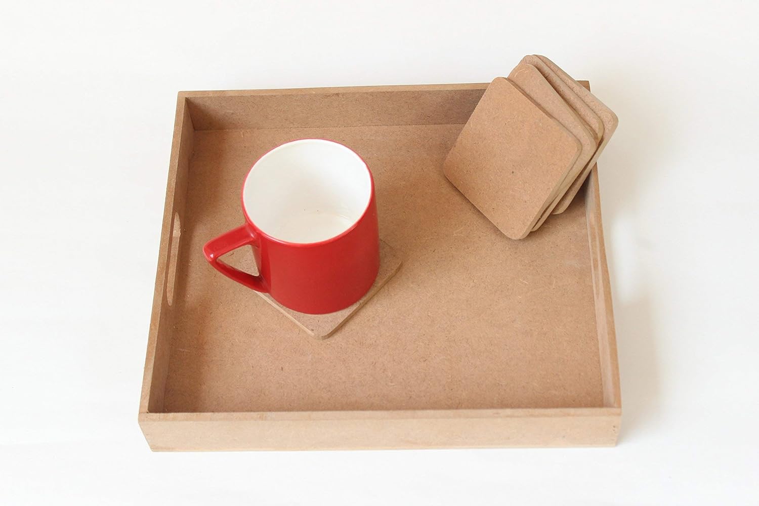 IVEI DIY Square MDF Coasters Set of 6 & DIY Tray (10in X 9in) -MDF Plain Wooden Coasters Square Shaped Blank Cutouts for Painting Wood Sheet Craft, Decoupage, Resin Art Work & Decoration
