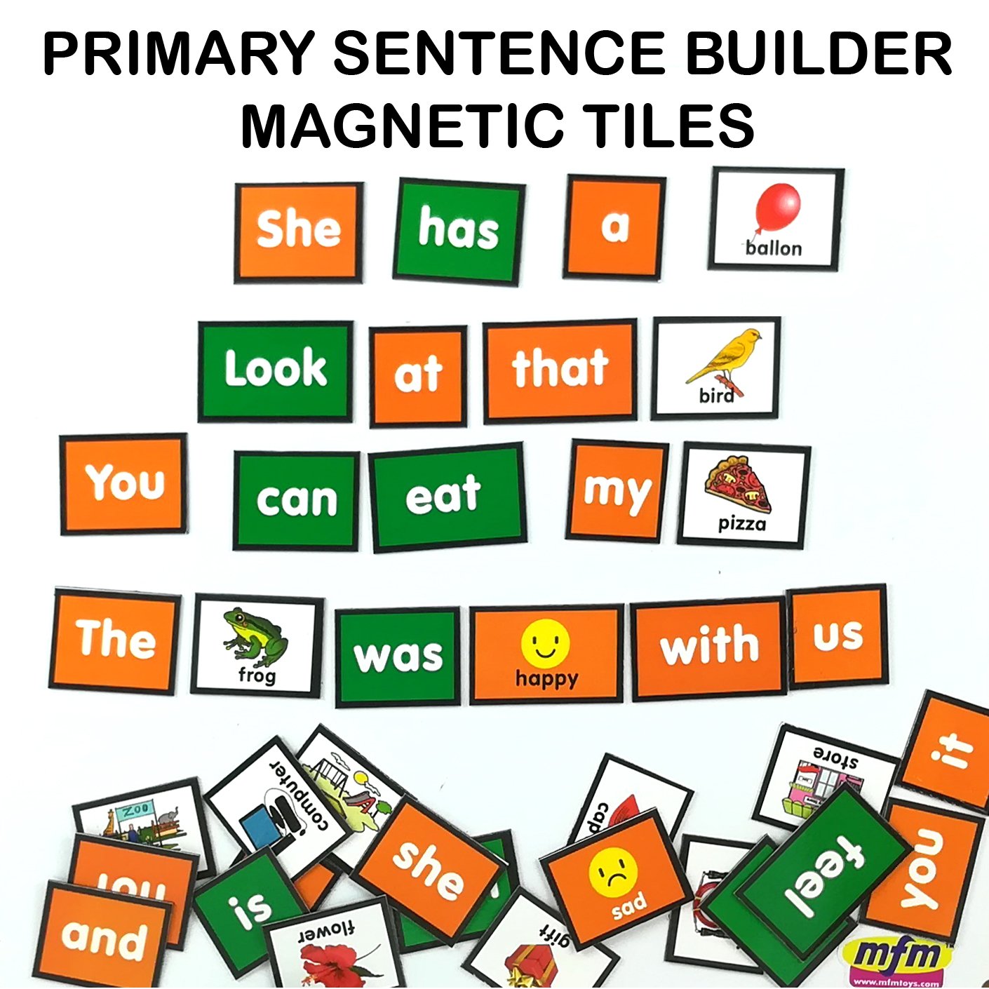 MFM Toys Primary Sentence Builder Kit | English Language | 101 Magnetic Tiles (Ages 4+) (Does Not Include Magnetic Board)