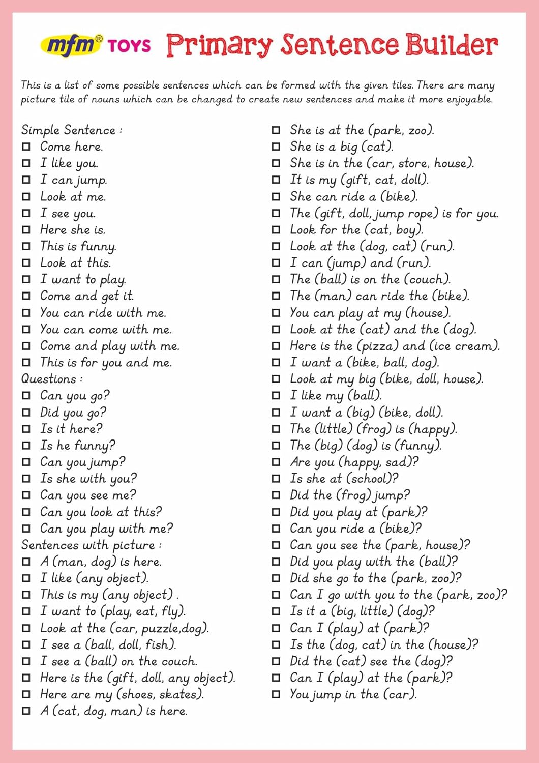 MFM Toys Primary Sentence Builder Kit | English Language | 101 Magnetic Tiles (Ages 4+) (Does Not Include Magnetic Board)