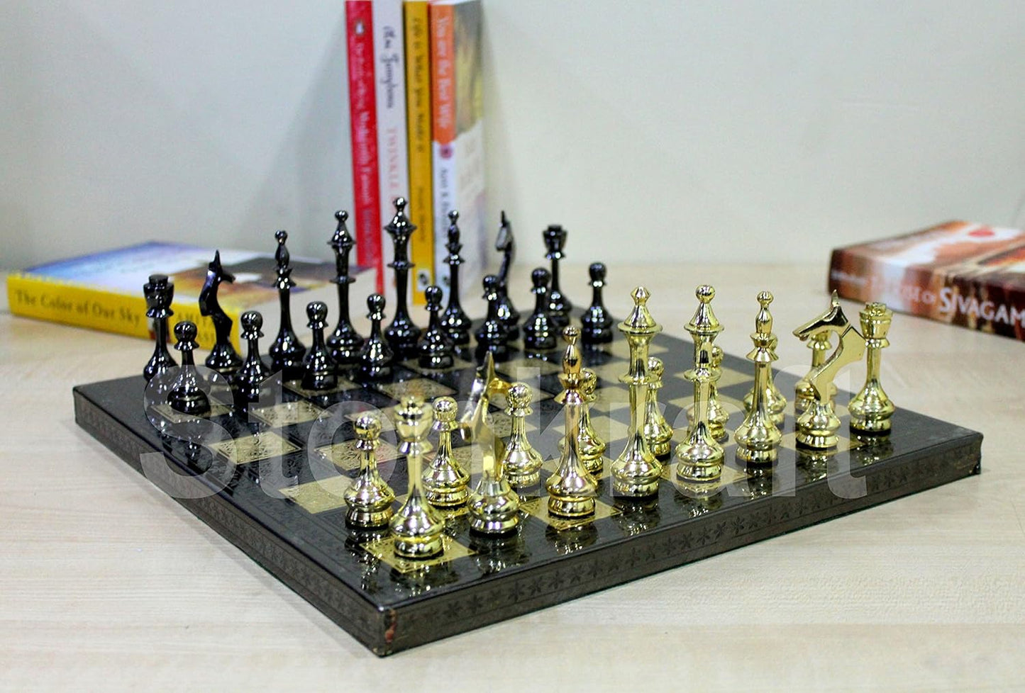 StonKraft Kid, Adult - Brass Chess Board Game Set With 100% Brass Chess Pieces, Chessmen, Chess Coins - 12" X 12"