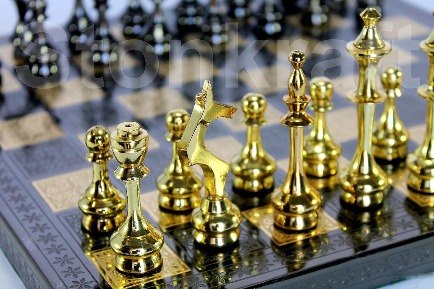 StonKraft Kid, Adult - Brass Chess Board Game Set With 100% Brass Chess Pieces, Chessmen, Chess Coins - 12" X 12"