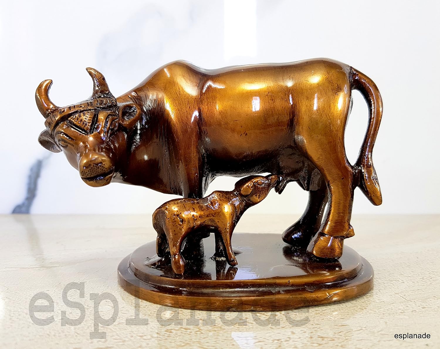 ESPLANADE Beautiful Lucky Figurine - Brass - Nandi Kamadhenu Cow Kamdhenu Cow and Calf Sculpture | Holy Cow Idol Statue