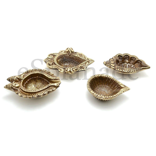 eSplanade - Brass Pooja Articles Deepak, Deepam - Auspicious Set of 4 Diyas - Ganesha and Laxmi Embossed, Conch Shaped Lamp, Swastik Design Oil Lamps - Home Décor - 3.5