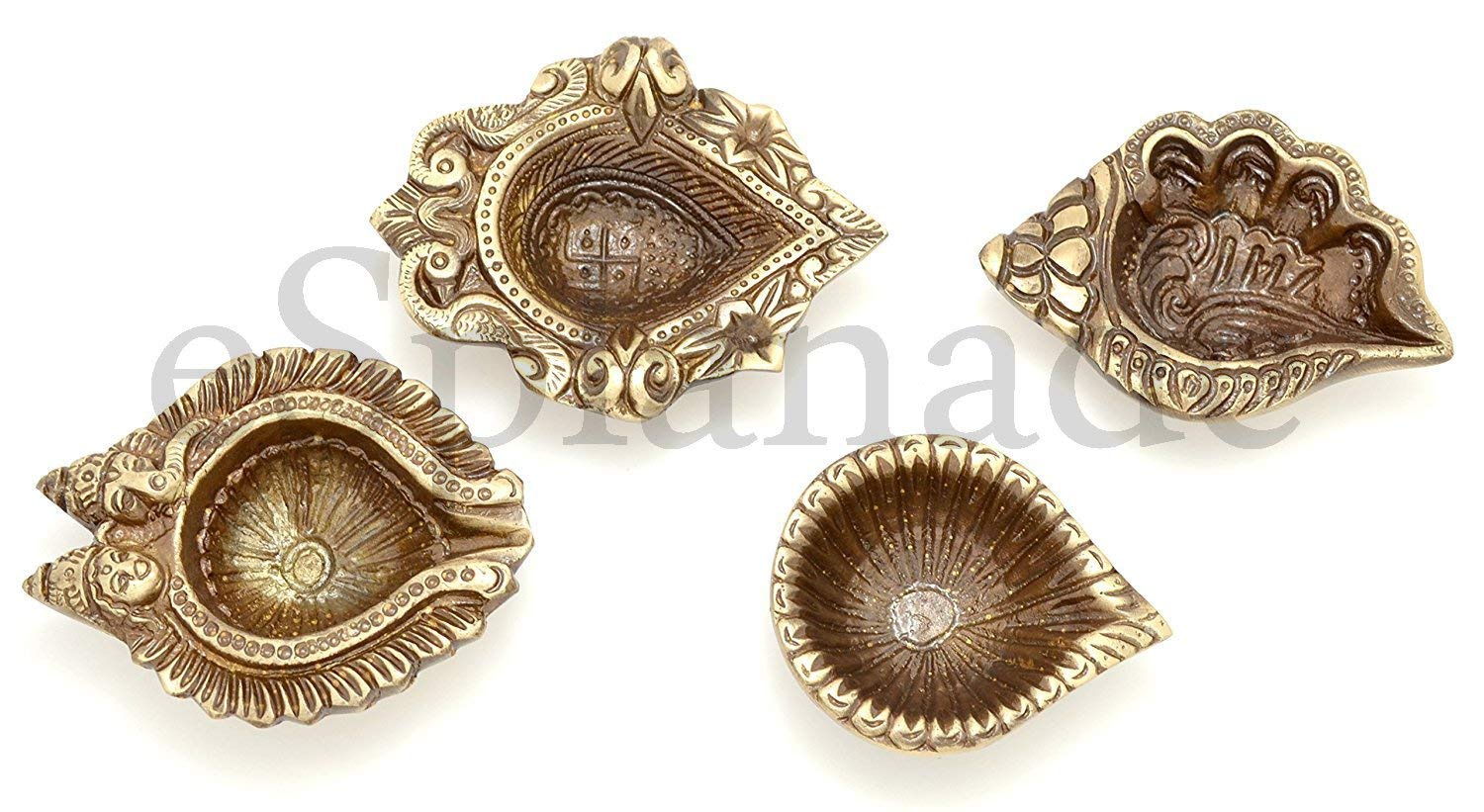 eSplanade - Brass Pooja Articles Deepak, Deepam - Auspicious Set of 4 Diyas - Ganesha and Laxmi Embossed, Conch Shaped Lamp, Swastik Design Oil Lamps - Home Décor - 3.5" Inches