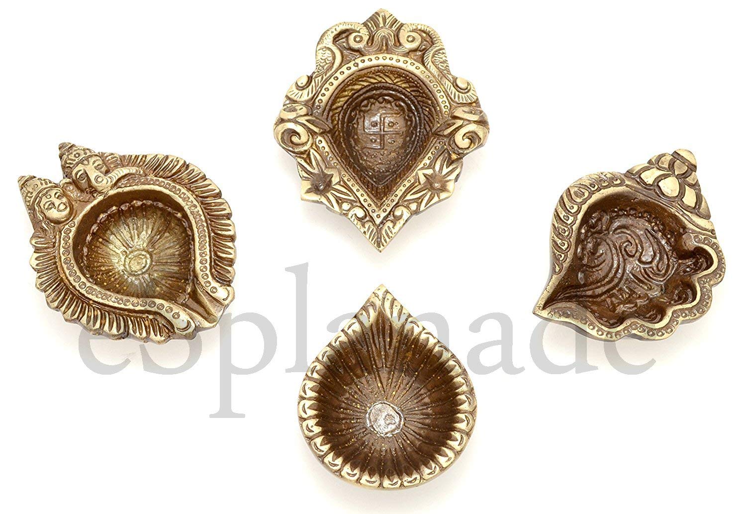 eSplanade - Brass Pooja Articles Deepak, Deepam - Auspicious Set of 4 Diyas - Ganesha and Laxmi Embossed, Conch Shaped Lamp, Swastik Design Oil Lamps - Home Décor - 3.5" Inches