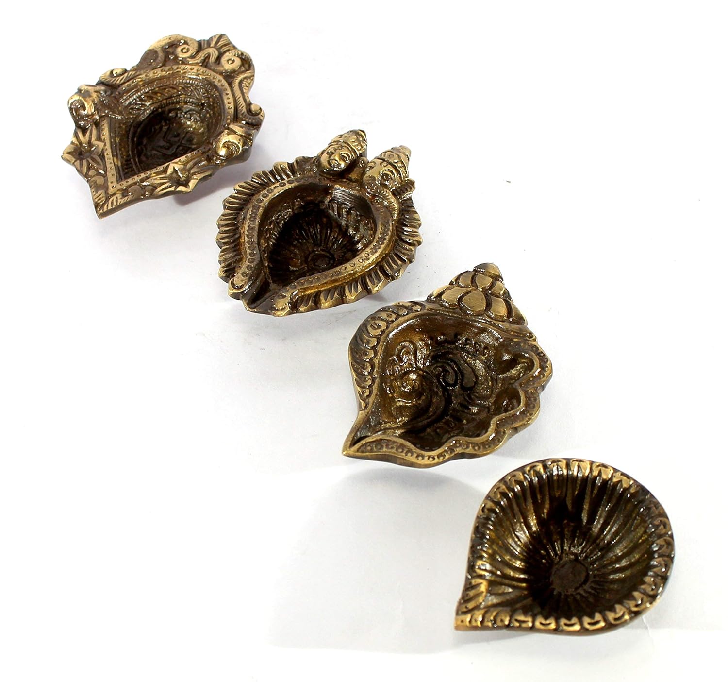 eSplanade - Brass Pooja Articles Deepak, Deepam - Auspicious Set of 4 Diyas - Ganesha and Laxmi Embossed, Conch Shaped Lamp, Swastik Design Oil Lamps - Home Décor - 3.5" Inches