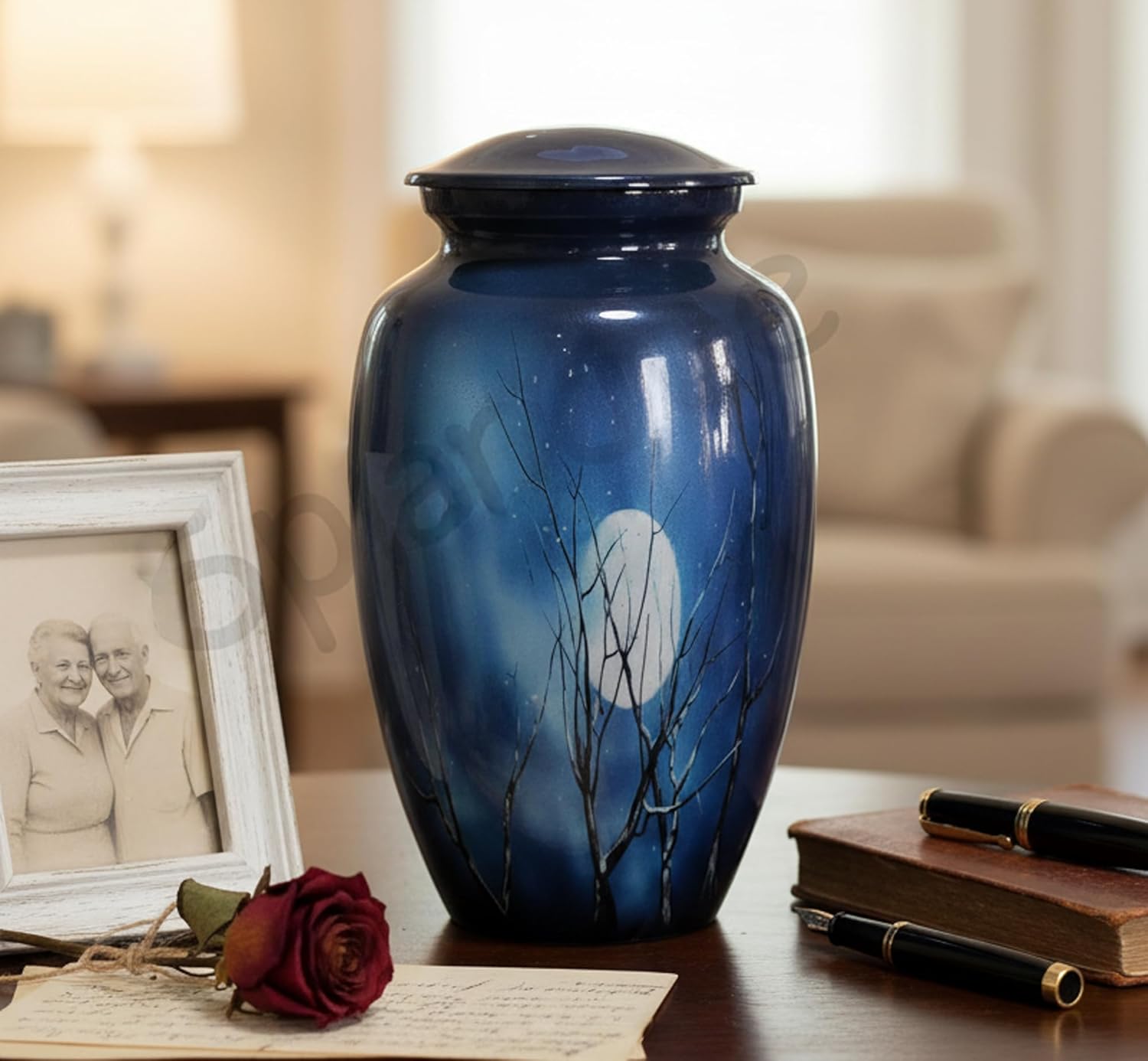 eSplanade Metal Cremation Urn Memorial Jar Pot Container | Full Size Printed Urn for Funeral Ashes Burial | Metal Urns | Dark Blue - 10" Inches