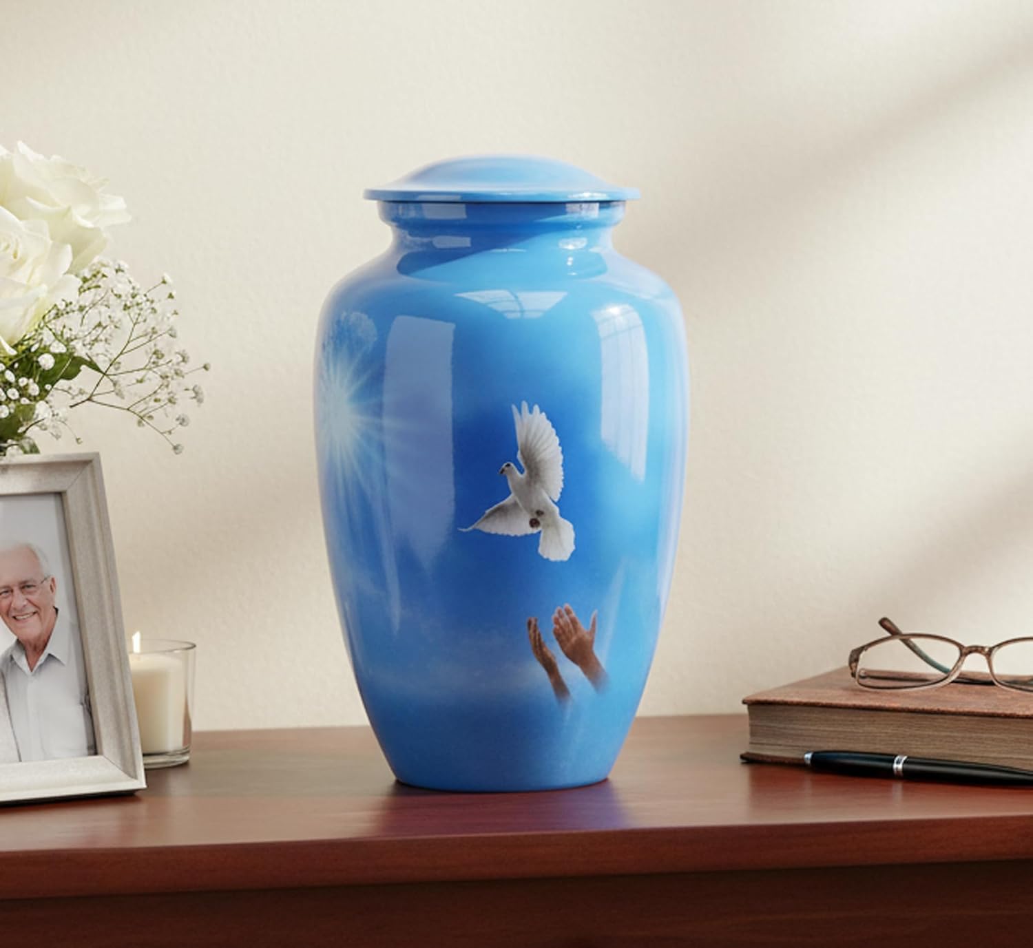 eSplanade Metal Cremation Urn Memorial Jar Pot Container | Full Size Urn for Funeral Ashes Burial | Falcon Printed Urn , Seagull Printed Urn ,White Pigeon Print   | Blue - 10" Inches