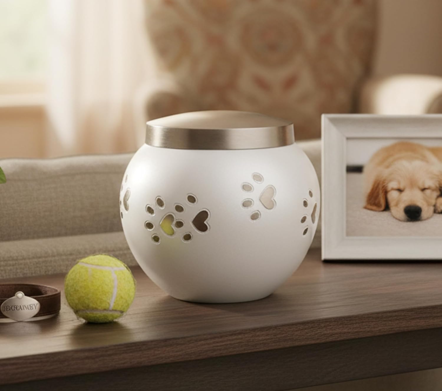 eSplanade Metal Cremation Urn Memorial Jar Pot Container |Standard Size Urn for Funeral Ashes Burial | Round Shape Paws Engraved Metal Urn | White - 4.5" Inches