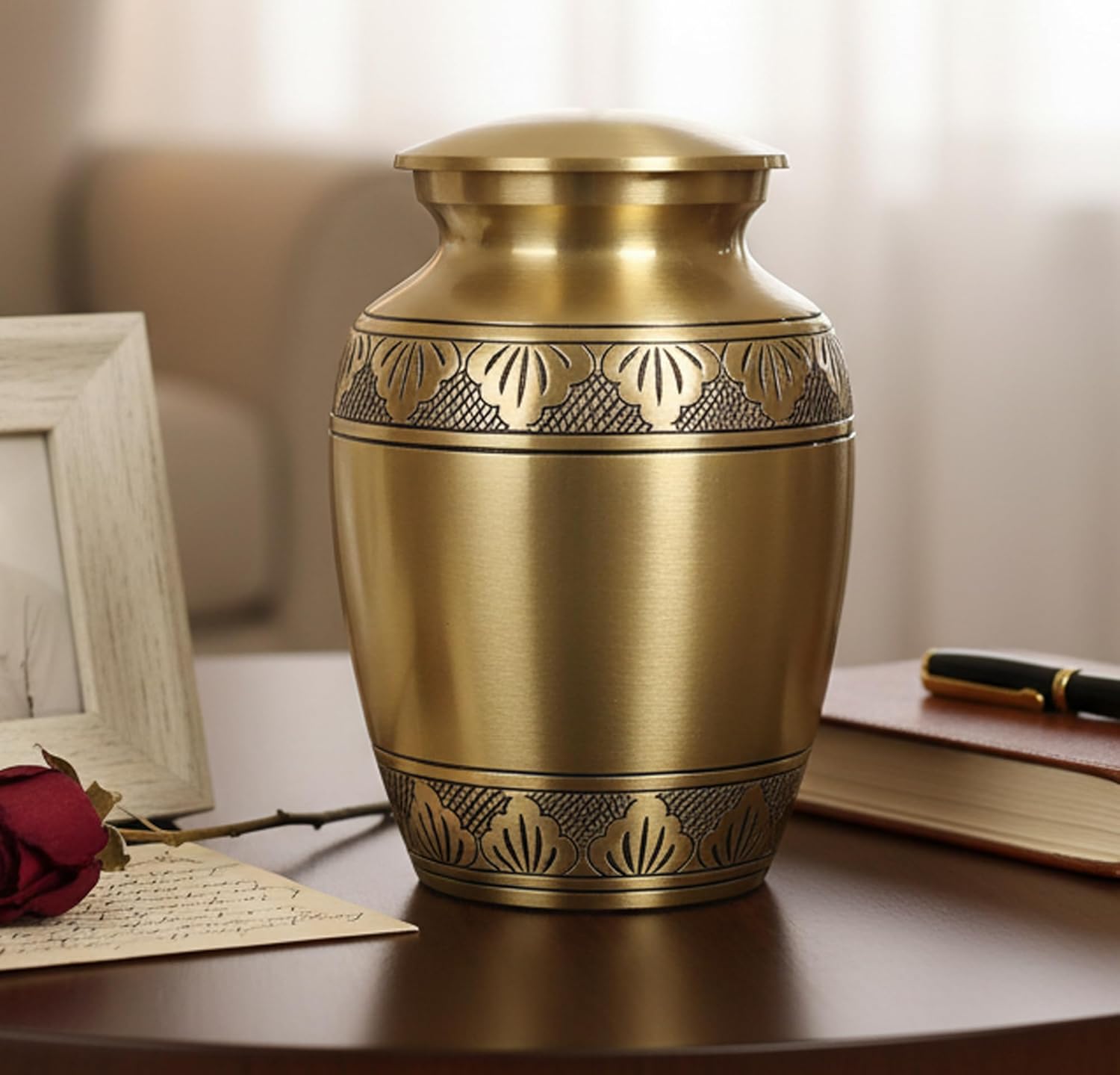 eSplanade Brass Cremation Urn Memorial Jar Pot Container | Medium Size Urn for Funeral Ashes Burial | Engraved Metal Urn | Multicolor- 6" Inches