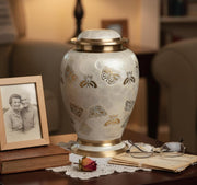 eSplanade White Brass Cremation Urn Memorials Container Jar Pot | Brass Urns | Metal Urn | Burial Urn | Memorial Urn (Full Size Butterfly)